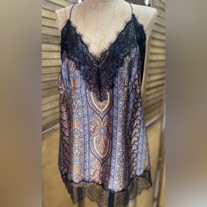 ZARA Paisley print camisole with lace trim and adjustable straps.